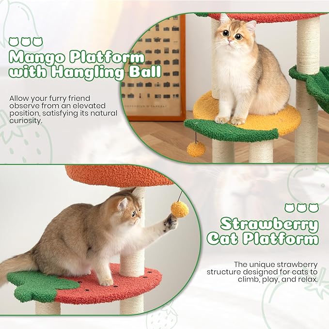 Happy &amp; Polly Cute Cat Tree - 40.5" Fruit World Cat Tower for Indoor Cats, Cat Tree Condo with Sisal Scratching Posts, Cozy Hammock, Plush Strawberry Perches, Kitten Cat Trees Towers Activity Center