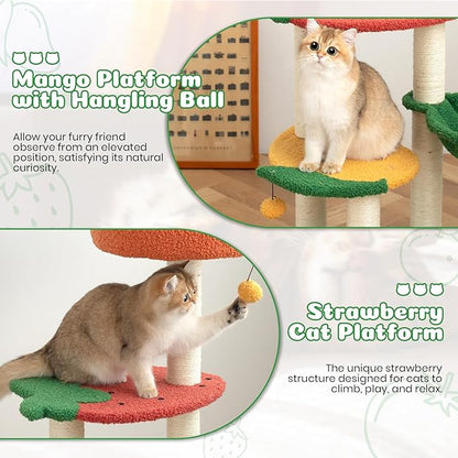 Happy &amp; Polly Cute Cat Tree - 40.5" Fruit World Cat Tower for Indoor Cats, Cat Tree Condo with Sisal Scratching Posts, Cozy Hammock, Plush Strawberry Perches, Kitten Cat Trees Towers Activity Center
