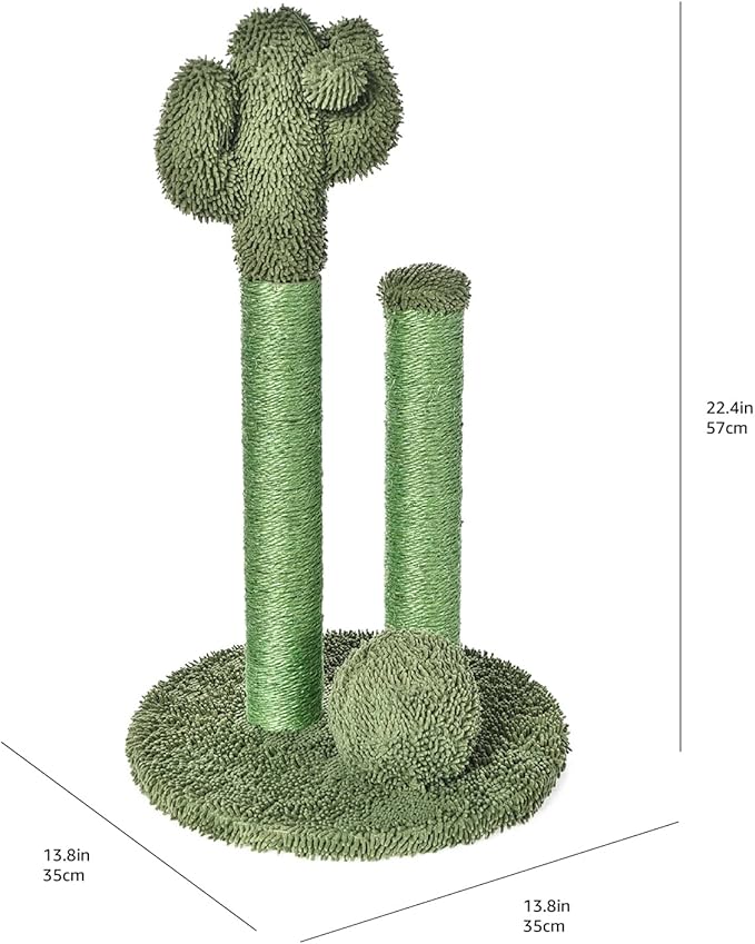 Amazon Basics Cat Scratcher - Indoor Cactus Triple Posts Cat &amp; Kittens Scratching Post with Dangling Ball, Small (22.4"H) - Green