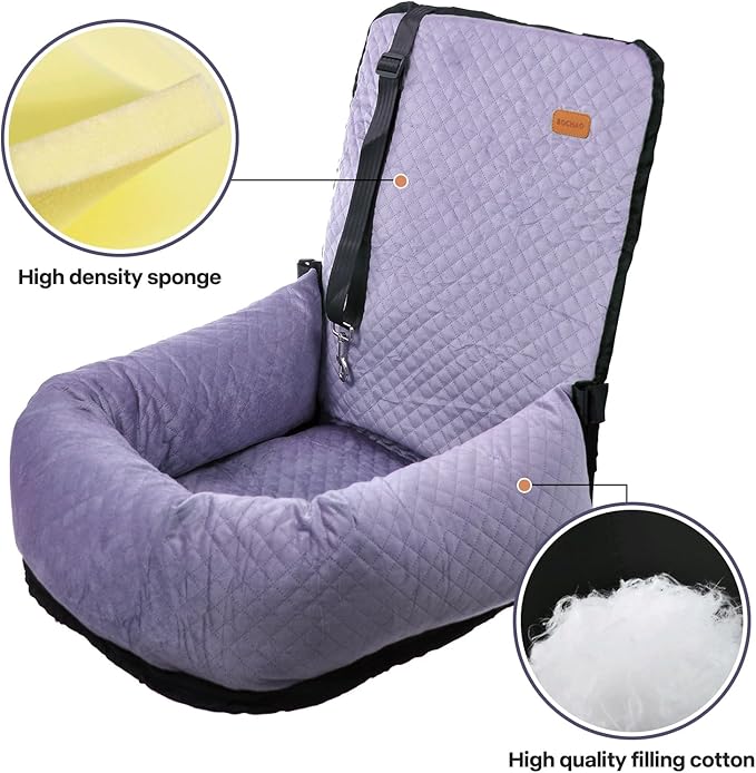 Dog Car Seat for Small Medium Dogs Up to 40lbs, Detachable Washable Soft Pet Booster Travel Bed for Front &amp; Purple Seat with Safety Leash Belt