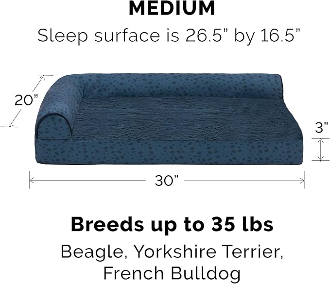 Furhaven Cooling Gel Dog Bed for Medium/Small Dogs w/ Removable Bolsters &amp; Washable Cover, For Dogs Up to 35 lbs - Plush &amp; Almond Print L Shaped Chaise - Blue Almonds, Medium
