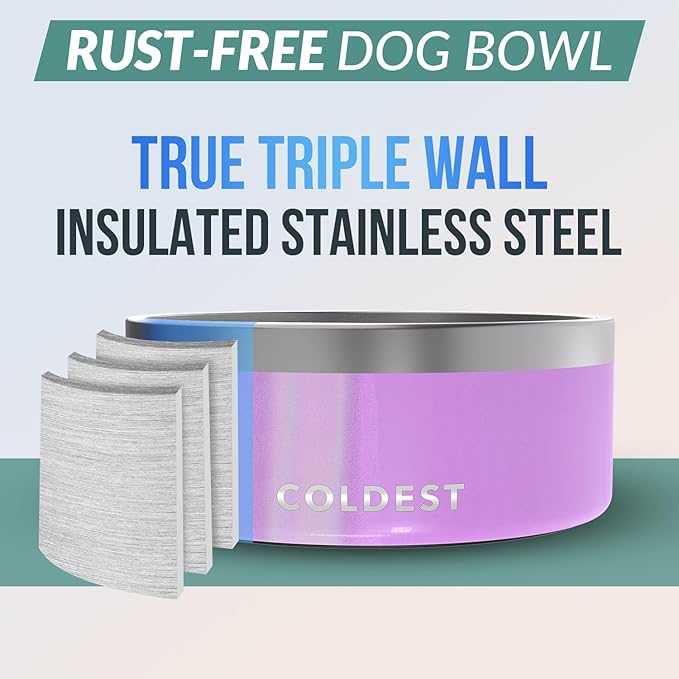 Coldest Dog Bowl - Anti Rust Metal, Non Slip, 3 Layers Insulated Stainless Steel Dog Bowls - Spill Proof &amp; Heavy Duty - Water Bowl for Dogs, Cats, Dish Washer Safe (100 oz, Saturns Purple Glitter)