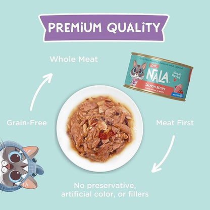 LOVE, NALA - Natural Adult Cat Wet Food - FLAKED Salmon in Broth - Grain Free, Non-GMO, Lean Protein with Omega 3, Added Minerals &amp; Vitamins - 12 Pack, 2.4 lbs.