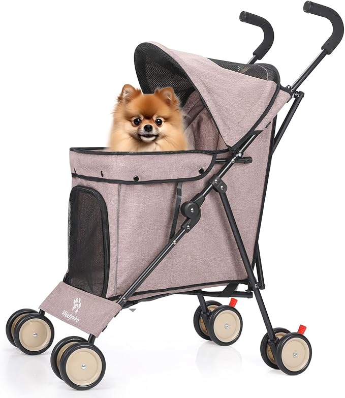 Umbrella Dog Stroller, 4 Wheels Pet Strolling, Foldable Carrier Pet Stroller for Small Dogs Cats, with Carrying Strap and Cup Holder, Dog Poop Bags &amp; Dispenser, Up to 33 lbs, Coffee