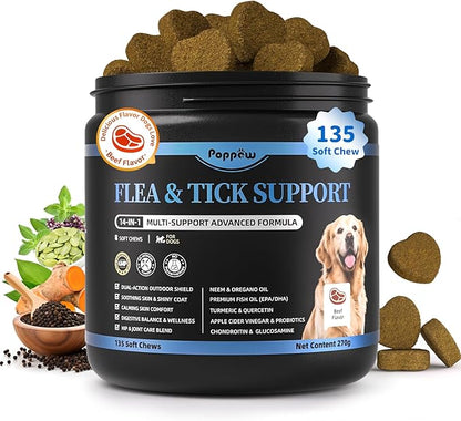Dog Flea and Tick Support Chewable, Natural Dog Flea Comfort Supplement, Oral Chews with Neem, Oregano Oil, Pumpkin Seed Oil &amp; Brewer&