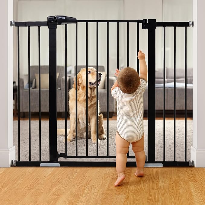 BABELIO 36" Tall Baby Gate, 29-48" Auto-Close &amp; Pressure Mounted, Black Steel Dog Gate for Stairs &amp; Doorways
