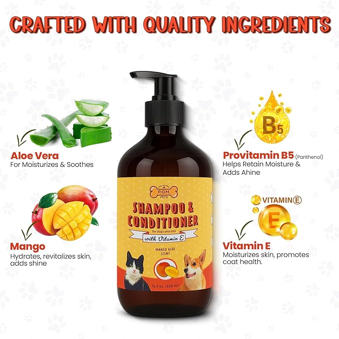 POM Pets 2-in-1 Organic Dog Shampoo &amp; Conditioner – Itchy Skin Relief, Dog Deshedding, Detangles Fur, Cat Shampoo, Paw Cleaner for Dogs, Natural Coat Defense Formula