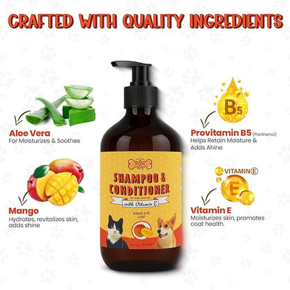 POM Pets 2-in-1 Organic Dog Shampoo &amp; Conditioner – Itchy Skin Relief, Dog Deshedding, Detangles Fur, Cat Shampoo, Paw Cleaner for Dogs, Natural Coat Defense Formula