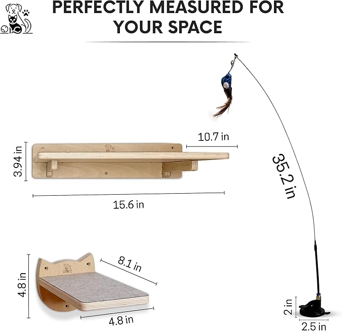 Snuggle &amp; Play Cat Wall Shelves with Suction Cup Wand – 3 Mounted Steps, Climbing Wall Shelves and Furniture with Cat Wand