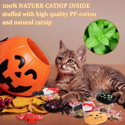 LOMIMOS 6Pcs Halloween Catnip Toys,Cat Toys Chew Bite Plush Toy with Crinkle Paper Kitten Pumpkin Spider Bat Knife for Indoor Interactive Play &amp; Exercise