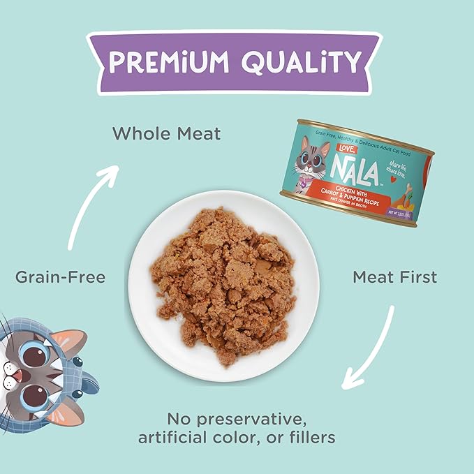LOVE, NALA - Natural Adult Cat Wet Food - Pate Chicken with Carrot &amp; Pumpkin Recipe- Grain Free, Non-GMO, Lean Protein, Digestive Fiber Blend, Added Minerals &amp; Vitamins - 12 Pack 2.4 lbs.