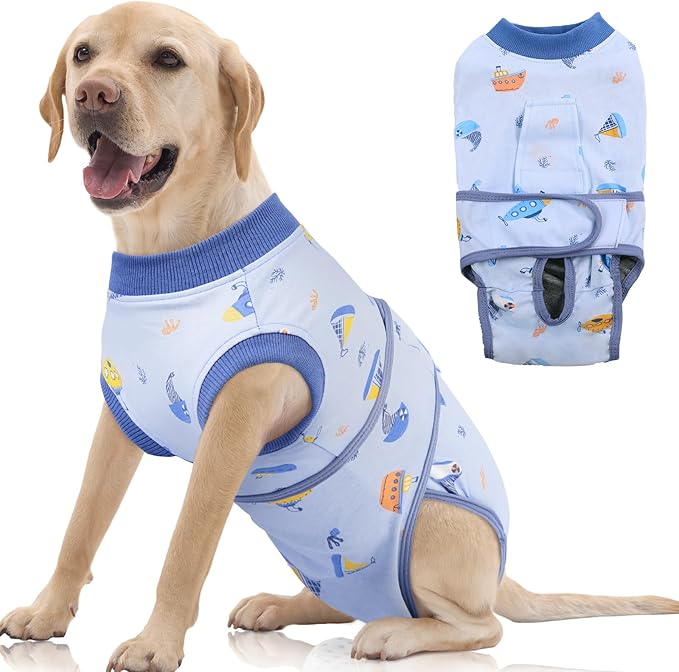 FUAMEY Recovery Suit for Dogs After Surgery,Soft Breathable Dog Bodysuit E-Collar &amp; Cone Alternative Surgical Suit,Male Female Dog Neuter Spay Suits Anti Licking Wounds Onesie Blue Boat XXL