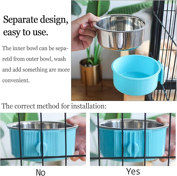 kathson Crate Dog Bowl, Removable Stainless Steel Hanging Pet Cage Bowl Food &amp; Water Feeder Coop Cup for Cat, Puppy, Birds, Rats, Guinea Pigs 2pcs(Blue,Pink)