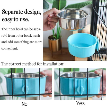 kathson Crate Dog Bowl, Removable Stainless Steel Hanging Pet Cage Bowl Food &amp; Water Feeder Coop Cup for Cat, Puppy, Birds, Rats, Guinea Pigs 2pcs(Blue,Pink)