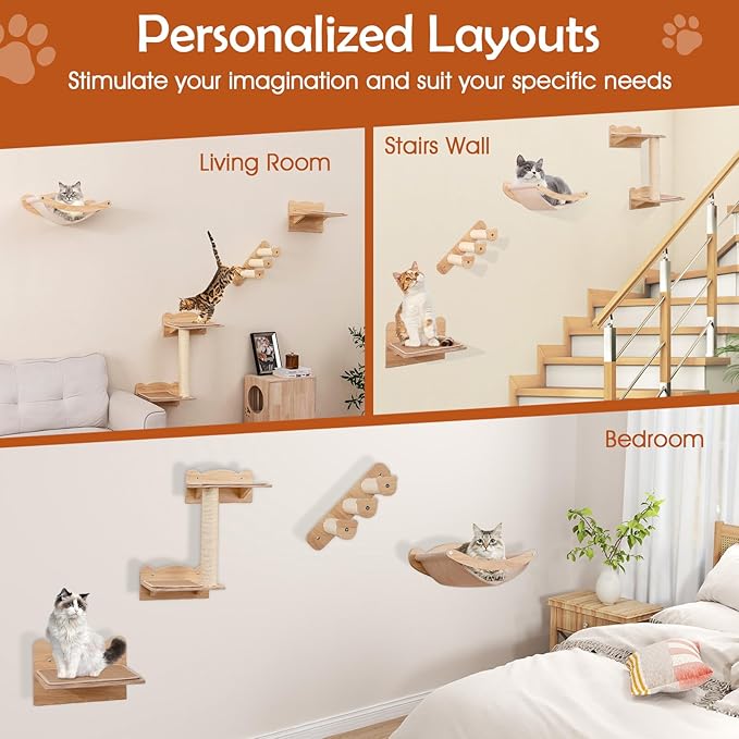 Tangkula Cat Wall Shelves, Wall Mounted 4pcs Kitten Furniture Set with Hammock, 2-Step Kitty Tree, Perch, Non-Slip Carpet Mat, Sisal Stairs &amp; Scratching Posts, Wooden Cat Climber Steps (Natural)