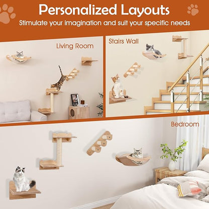 Tangkula Cat Wall Shelves, Wall Mounted 4pcs Kitten Furniture Set with Hammock, 2-Step Kitty Tree, Perch, Non-Slip Carpet Mat, Sisal Stairs &amp; Scratching Posts, Wooden Cat Climber Steps (Natural)