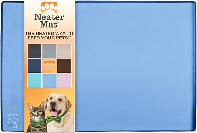 Neater Pet Brands Neater Mat Pet Mats for Food and Water, Cat &amp; Dog Bowl Mat Waterproof Silicone, Feeding Tray, Dog Food Mats for Floors, Placemat w/Raised Edge for Under Bowls, 24" x 16", Light Blue