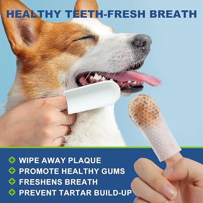 Dog Dental Care Finger Wipes, 60 PCS Teeth Cleaning Wipes for Dogs &amp; Cats, Tooth Brushing Kit Dental Wipes Reduces Plaque &amp; Freshens Breath, Disposable Gentle Cleaning &amp; Gum Care Pet Wipe