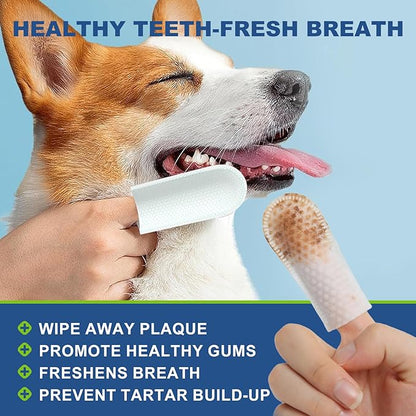 Dog Dental Care Finger Wipes, 60 PCS Teeth Cleaning Wipes for Dogs &amp; Cats, Tooth Brushing Kit Dental Wipes Reduces Plaque &amp; Freshens Breath, Disposable Gentle Cleaning &amp; Gum Care Pet Wipe