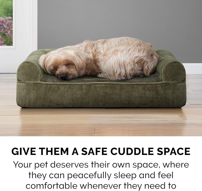 Furhaven Cooling Gel Dog Bed for Large/Medium Dogs w/ Removable Bolsters &amp; Washable Cover, For Dogs Up to 55 lbs - Faux Fur &amp; Velvet Sofa - Dark Sage, Large