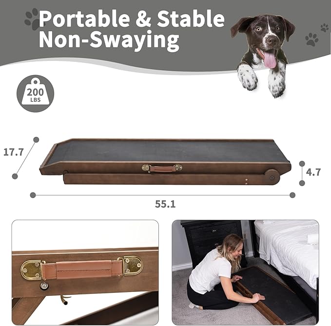 ABORON Dog Ramp,Adjustable Folding Pet Ramp for Bed,Couch,SUV - High Traction Portable Rubber Paw Ramps,Great for Small &amp; Large Old Dogs &amp; Cats, Supports up to 200 lbs,55&