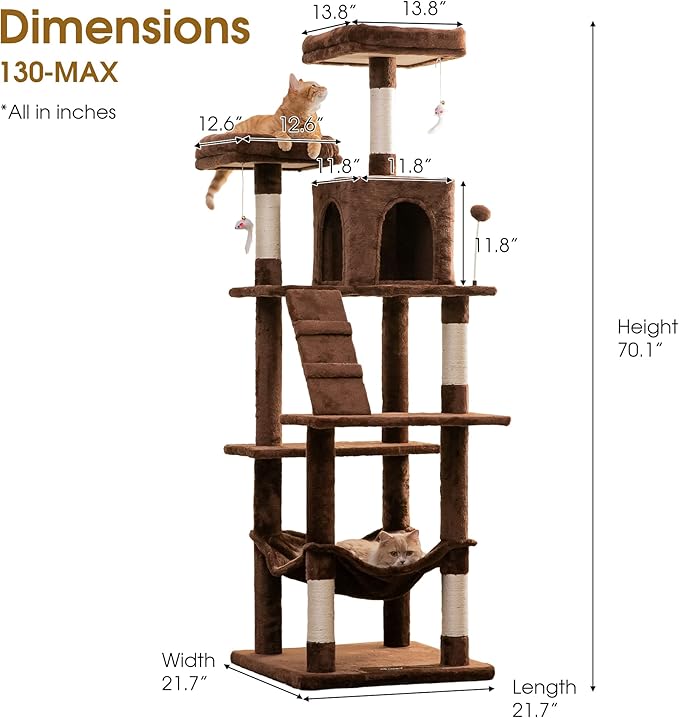 MWPO 70.1-Inch Large Cat Tree, Multi-Level Tall Cat Tower for Indoor Cats, Plush Cat Condo with Big Padded Perches, Sisal-Covered Scratching Posts, Hammock, Toys for Kittens &amp; Cats - Brown