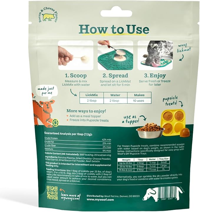 WOOF LickMixes - Dog Lick Mat Spread and Meal Topper - Delicious and Lower Calorie - Made with Wholesome Ingredients - Perfect for Dog Enrichment - Bacon &amp; Cheese