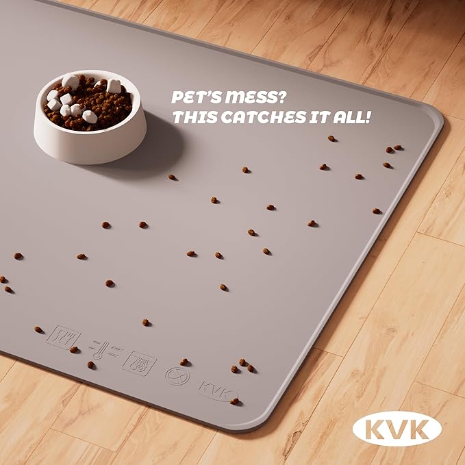 KVK Extra Extra Large Silicone Dog Food Mat 39.4×43.3in and 128oz Silicone Bag Set, Super Size Waterproof Pet Feeding Mat &amp; Container, Non-Slip, Chew-Resistant Floor Protection (Cool Grey&amp;Teal)