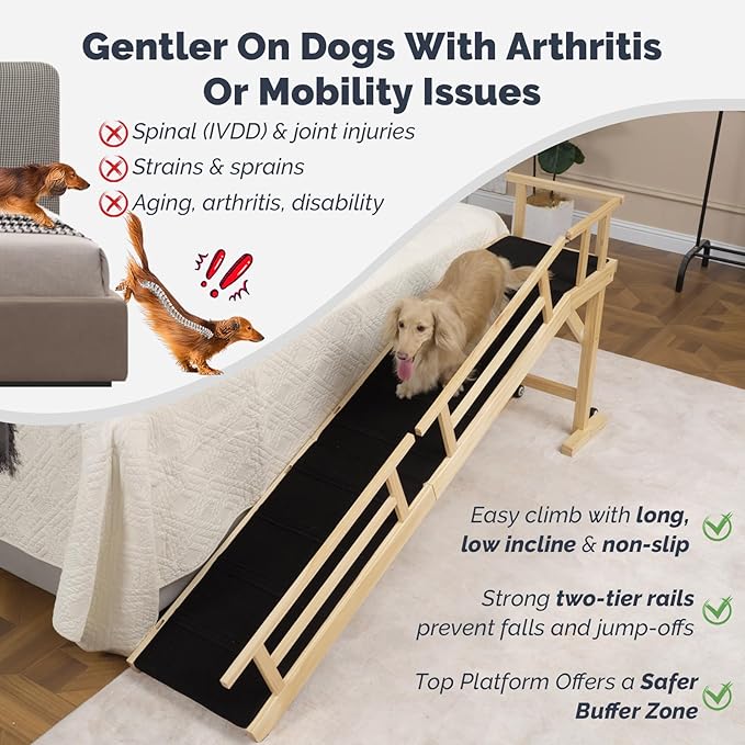 Dog Ramp for Bed or Couch, Wooden Pet Ramp with 20° Gentle Slope, Removable Side Rails, Non-Slip Surface, Top Platform &amp; Wheels, Safe Bed Ramp for Small, Medium &amp; Senior Dogs, 74" Long, Natural