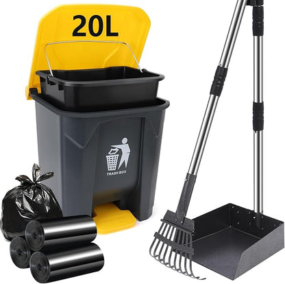 Dog Pooper Scooper, 20L Large Dog Poop Trash Can Outside with Removable Inner Bucket, Poop Trash Can for dog Outdoors with 90 Waste Bags, 37inch Long Handle Stainless Metal Tray &amp; Rake