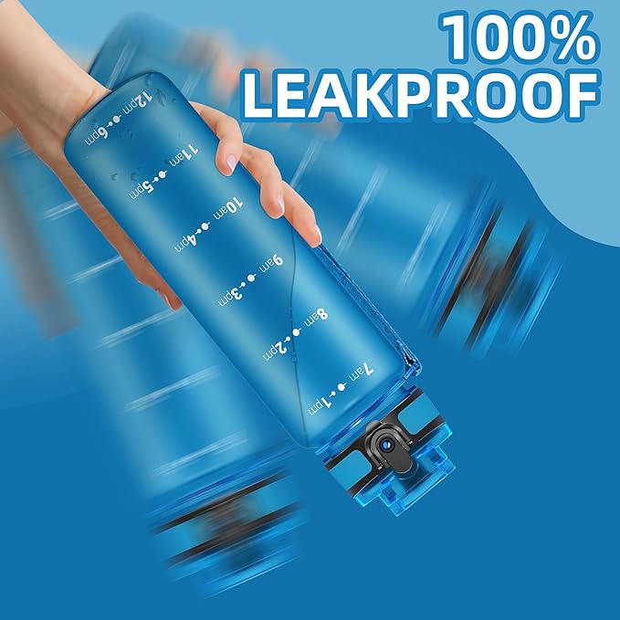 OLDLEY 32 oz Motivational Water Bottle with Time Marker, Sports Water Bottle With Strap, Leakproof &amp; BPA Free Large Water Bottle for School, Gym, Travel, Outdoor, Tritan, Blue