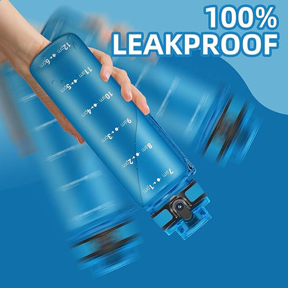 OLDLEY 32 oz Motivational Water Bottle with Time Marker, Sports Water Bottle With Strap, Leakproof &amp; BPA Free Large Water Bottle for School, Gym, Travel, Outdoor, Tritan, Blue