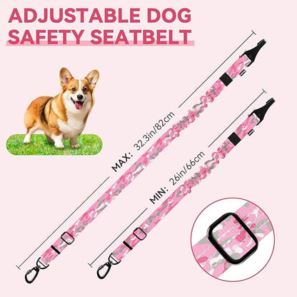 Pawaboo Dog Seatbelt for Car, 3-in-1 Dog Seat Belt Bungee, Shockproof Dogs Tether with Buckle &amp; Hook Latch, Adjustable Reflective Dogs Cars Harness Leash with 360° Lockable Buckle, Pink Camouflage