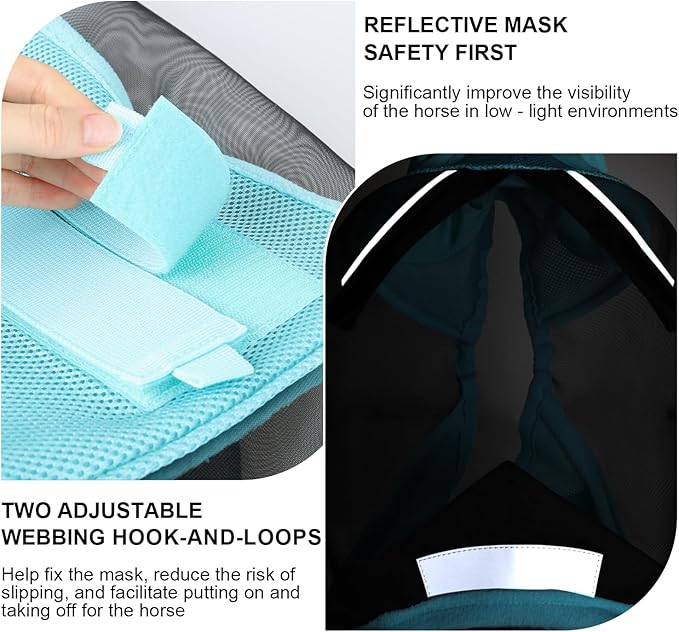 Luminous Horse Fly Mask with Long Nose, Ears, Full Face &amp; Eye Protection - Full Mesh, Detachable Nose Cover, Fleece Padded Edging, Hook-and-Loop Straps with Webbing, Hanging Straps Mint Green