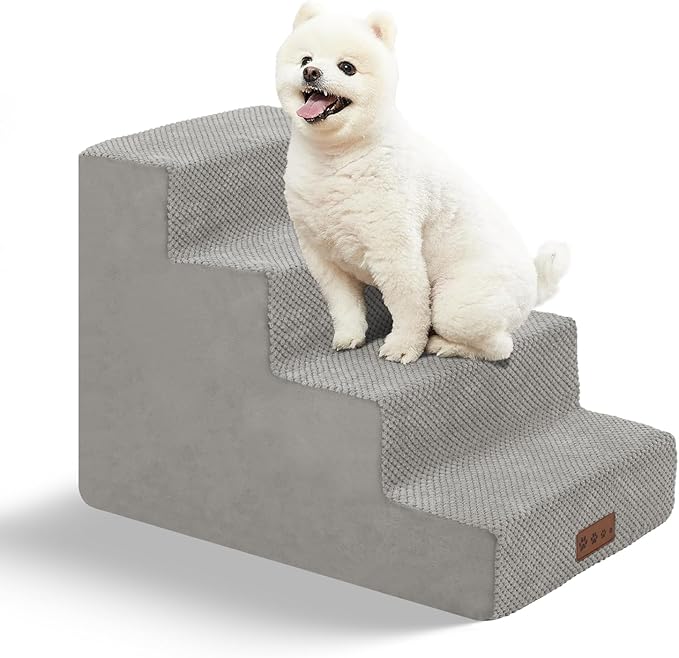 GGIB Non-Slip Pet Stairs for Small Dogs &amp; Cats - 4-Step, Removable Washable Cover, Light Grey, 17" H