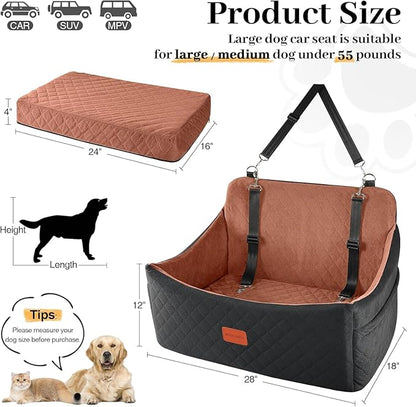 Dog Car Seat for Medium &amp; Large Dogs Up to 55lbs, Memory Foam Cushion, Washable Cover, Safety Straps &amp; Non-Slip Bottom(Black/Brown,Large)