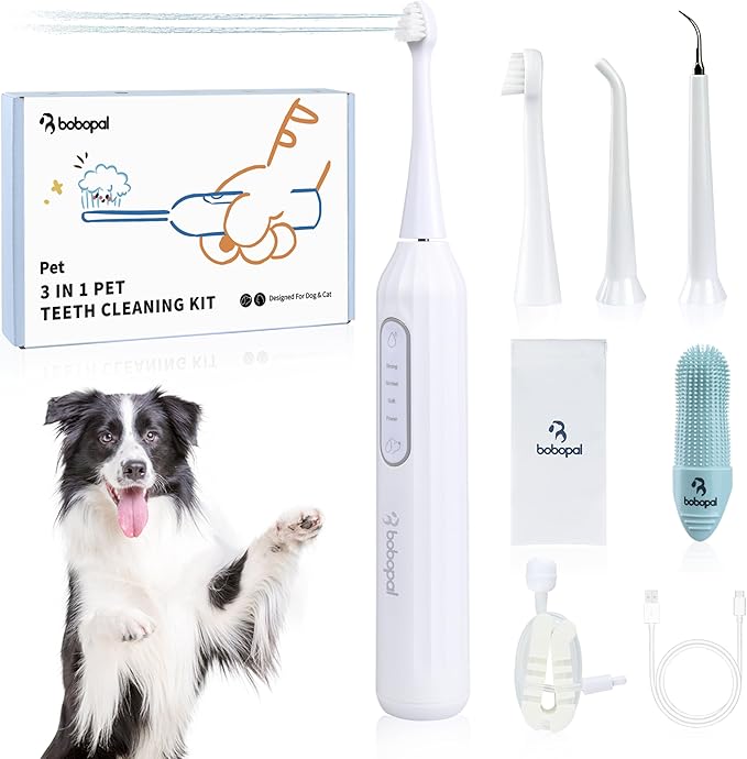 Dog Tooth Brushing Kit,3-in-1 Dog Teeth Cleaning Tools,Ultrasonic Electric Toothbrush &amp; Plaque Remover for Dogs with Water Flosser for Teeth,2 Modes &amp; 3 Intensity Levels,IPX7,1100mAh Battery