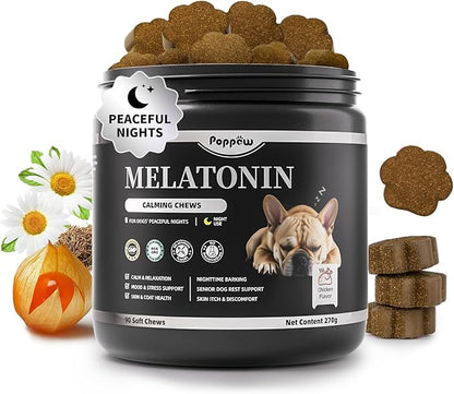 Melatonin for Dogs, Calming Chews with Valerian Root &amp; L-Theanine for Sleep Aid &amp; Emotional Support, Calming Treats for Stress Anxiety Relief, Thunder, Fireworks, Barking, Chicken Flavor, 90Ct