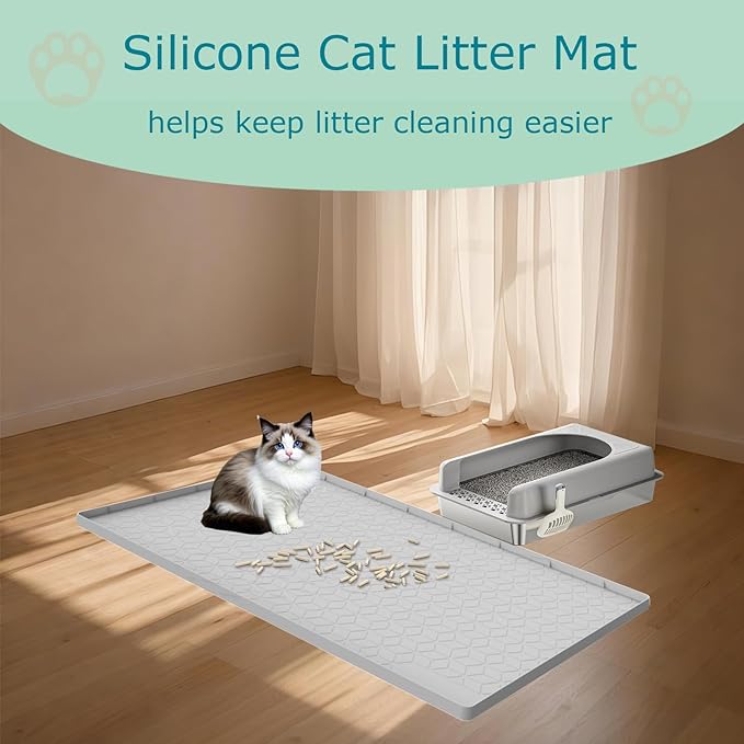 Cat Litter Mat for Litter Box, Silicone Large Cat Litter Trapping Mat - 28x22 in, Waterproof &amp; Non-Slip, Durable &amp; Easy Clean, Light Gray