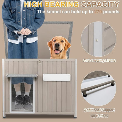 Weatherproof Outdoor Dog House, Wooden Puppy Shelter with Anti-Chewing Iron Frame and Elevated Floor, Sturdy Dog Kennel for Small, Medium &amp; Large Dogs, Grey (Gray, 40" L x 26" W x 31" H)