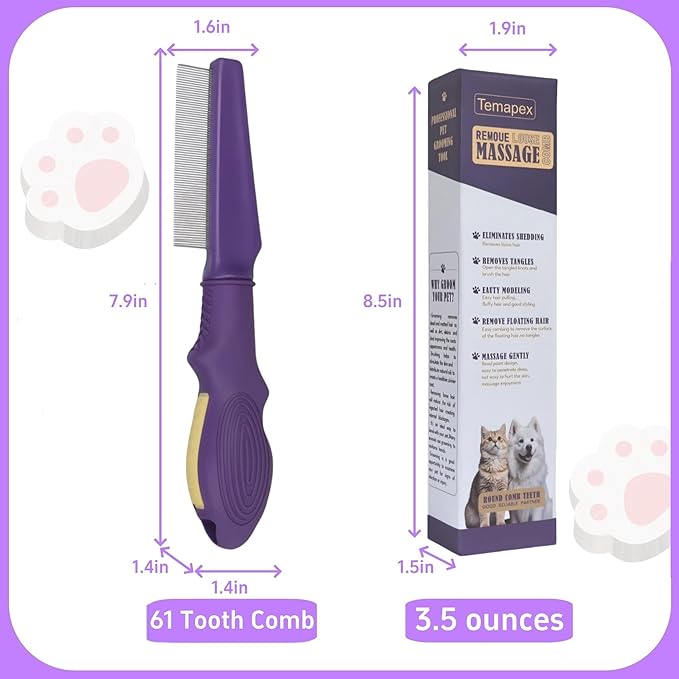 Pet Flea Comb for Dogs &amp; Cats,Removes Tangles &amp; Flea, Tear Stain Removal, Stainless Steel Metal Teeth, Non-slip &amp; Anti-static Rubber Handle, Safe &amp; Gentle Pet Grooming Comb