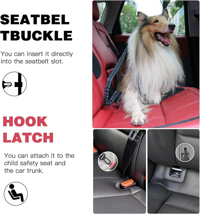 AUBELL Dog Seat Belt for Car,2 Pack Set 3-in-1 Adjustable Reflective Bungee Heavy Duty Dog Car Harness Tether with Clip Hook Latch &amp; Buckle,Swivel Zinc Alloy Carabiner,Black+Black