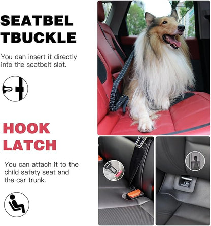 AUBELL Dog Seat Belt for Car,2 Pack Set 3-in-1 Adjustable Reflective Bungee Heavy Duty Dog Car Harness Tether with Clip Hook Latch &amp; Buckle,Swivel Zinc Alloy Carabiner,Black+Black