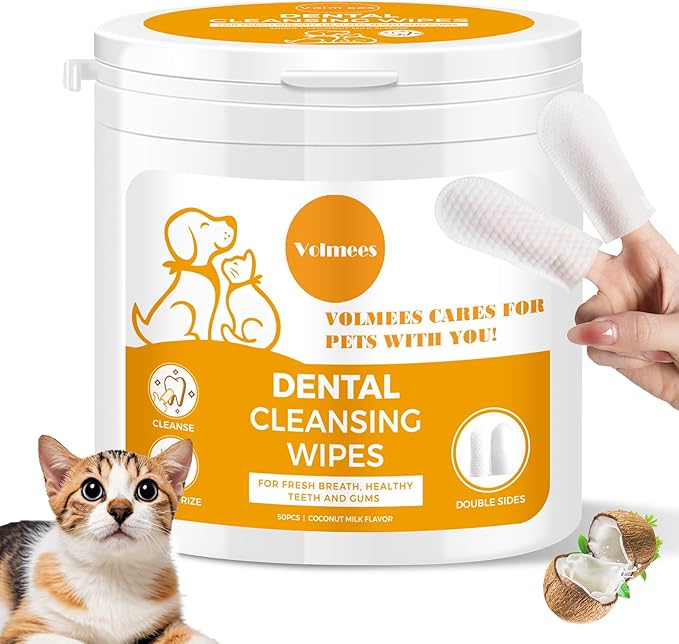 Dog Dental Wipes, Pet Dental Finger Wipes for Dogs &amp; Cats, Dog Teeth Cleaning Wipes, Reduce Plaque &amp; Tartar Buildup, Fresh Breath, Protect Gums, Dog Ear Cleaner Wipes Remove Wax, Coconut Scent, 50Pcs