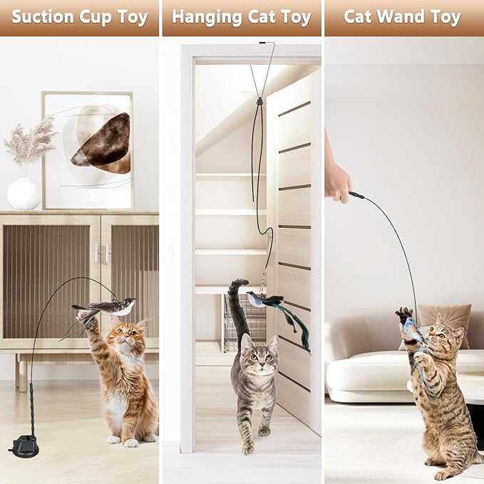 Cat Toys for Indoor Cats, Interactive Bird Cat Toy Self-Holding Suction Base with 5 Replaceable Birds, Door Hanging String, Feathers &amp; Bells | Chase, Jump &amp; Exercise for Kittens/Adult Cats