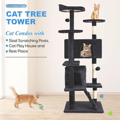 FDW Cat Tree 54in Cat Tower Multi-Level Durable Cat Scratching Post &amp; Cozy Fun Cat Jumping Platform Space Saving Cat Condo Pet Play House for Indoor Cats,Dark Gray