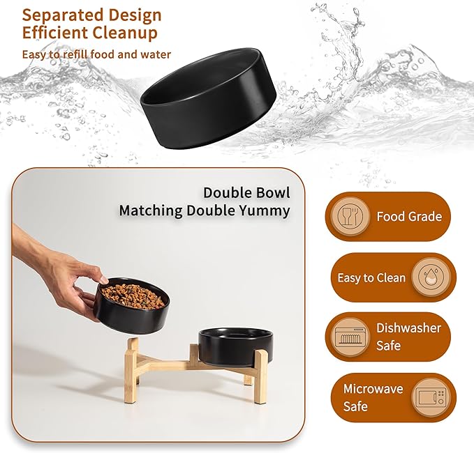 Elevated Ceramic Dog Bowl Set - Raised Feeding Bowls with Non-Slip Bamboo Stand - Small Pet Dishes for Food and Water - Ideal for Cats and Puppies - 16.23 OZ - 2 Cups - 480 ML