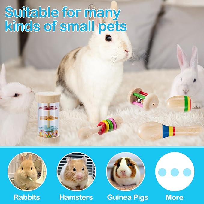 6 Pcs Wooden Bunny Toys - Safe Rabbit &amp; Guinea Pigs Teeth Grinding Toys for Chinchillas, Hamsters &amp; Small Animals - Indoor &amp; Outdoor