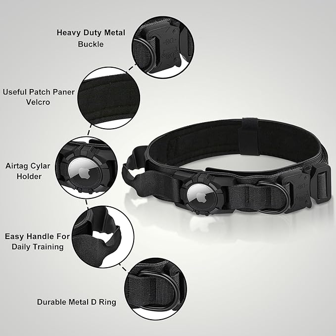 Tactical AirTag Dog Collar Leash Set - Heavy Duty, Adjustable GPS Collar Compatible with Apple AirTag, with Holder &amp; Control Handle for Medium/Large Dogs [ Black, M ]