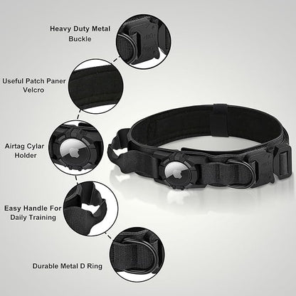 Tactical AirTag Dog Collar Leash Set - Heavy Duty, Adjustable GPS Collar Compatible with Apple AirTag, with Holder &amp; Control Handle for Medium/Large Dogs [Black, XL]
